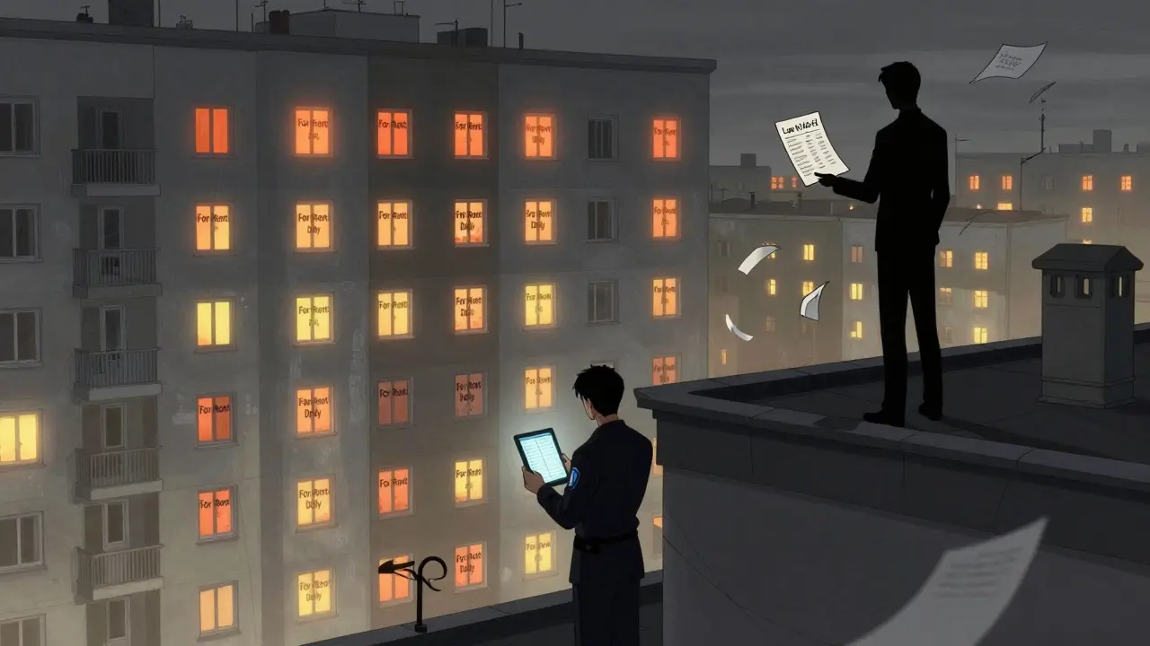 Здание с множеством квартир, сдаваемых посуточно, над ним — силуэт владельца с документом о законе №140-ФЗ.