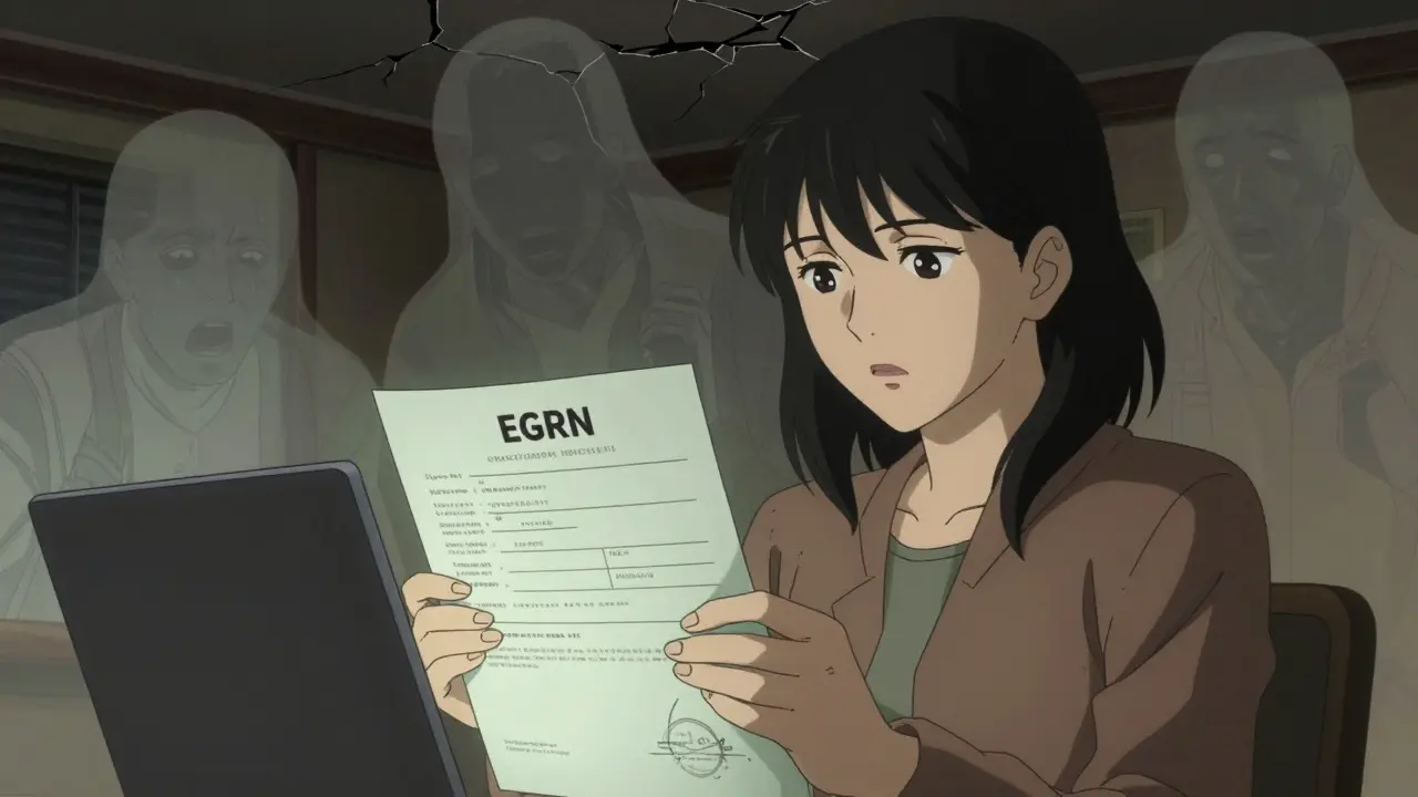 Женщина изучает выписку из ЕГРН, вокруг неё материализуются скрытые долги и дефекты.