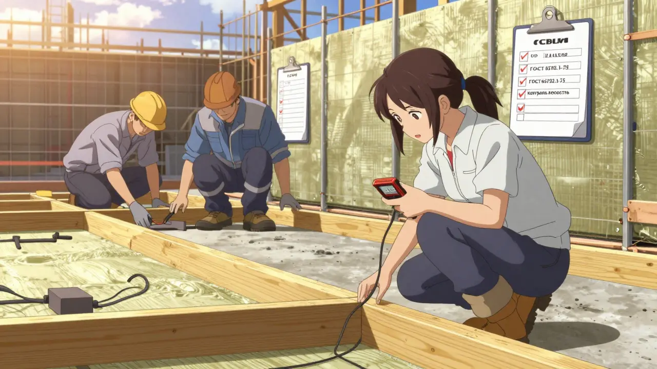 Женщина проверяет деревянный брус с измерителем влажности, рабочие в униформе аккуратно устанавливают утеплитель на стройплощадке.