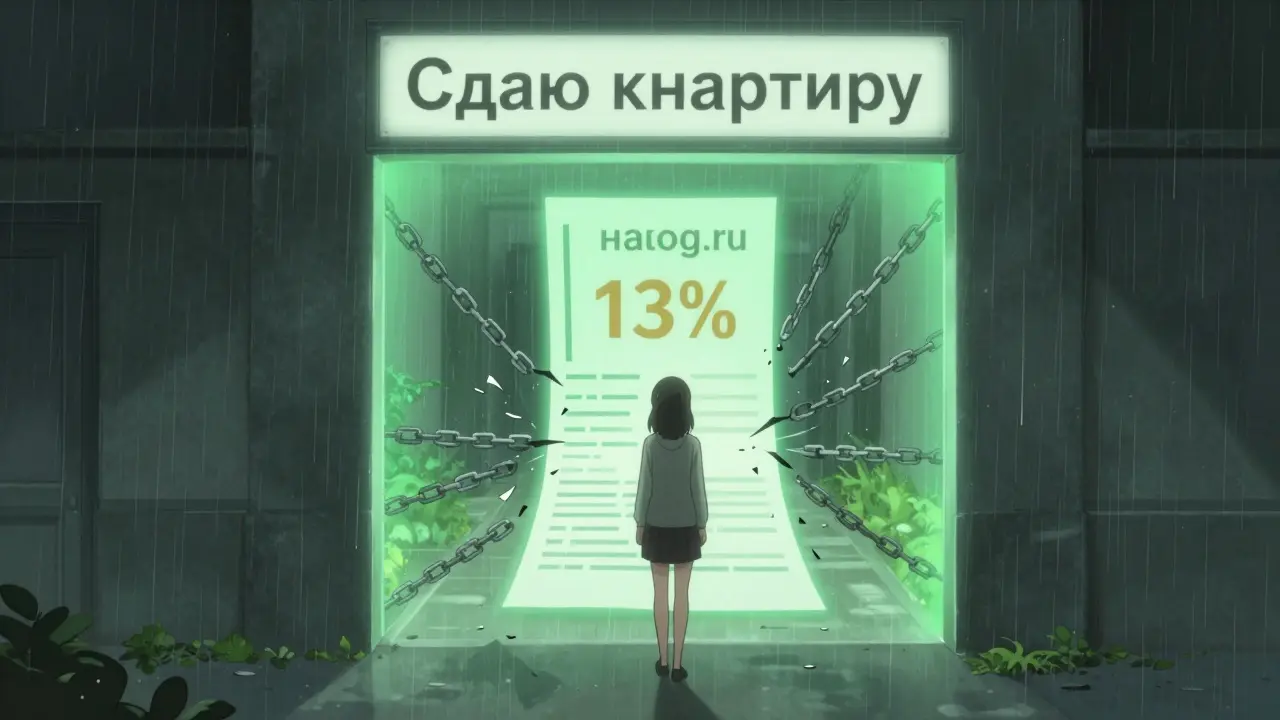 Женщина шагает к порталу 'Сдаю квартиру' на сайте налоговой, разрушая цепи штрафов, а впереди — путь к легализации дохода.