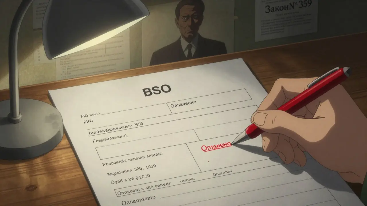 Бланк БСО на столе с выделенными обязательными реквизитами и ручкой, готовой поставить отметку «Оплачено».