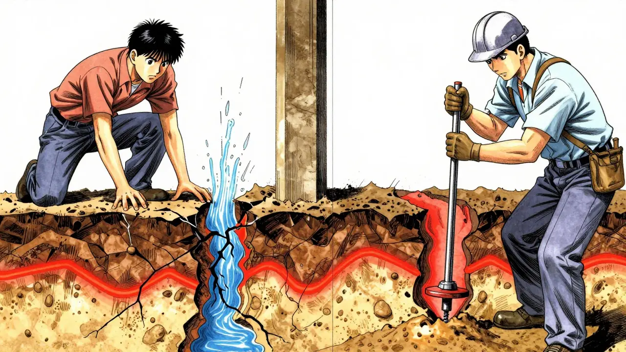 Дом с трещинами на фоне скрытого разрушения грунта, рядом — геолог с пробой почвы.