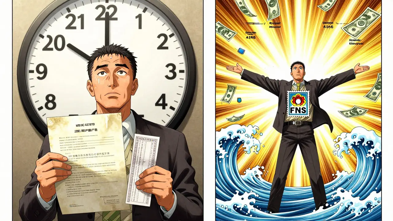 Два сценария: слева — человек с документами 2023 года, справа — тот же человек получает полный вычет через автоматизированную систему ФНС.