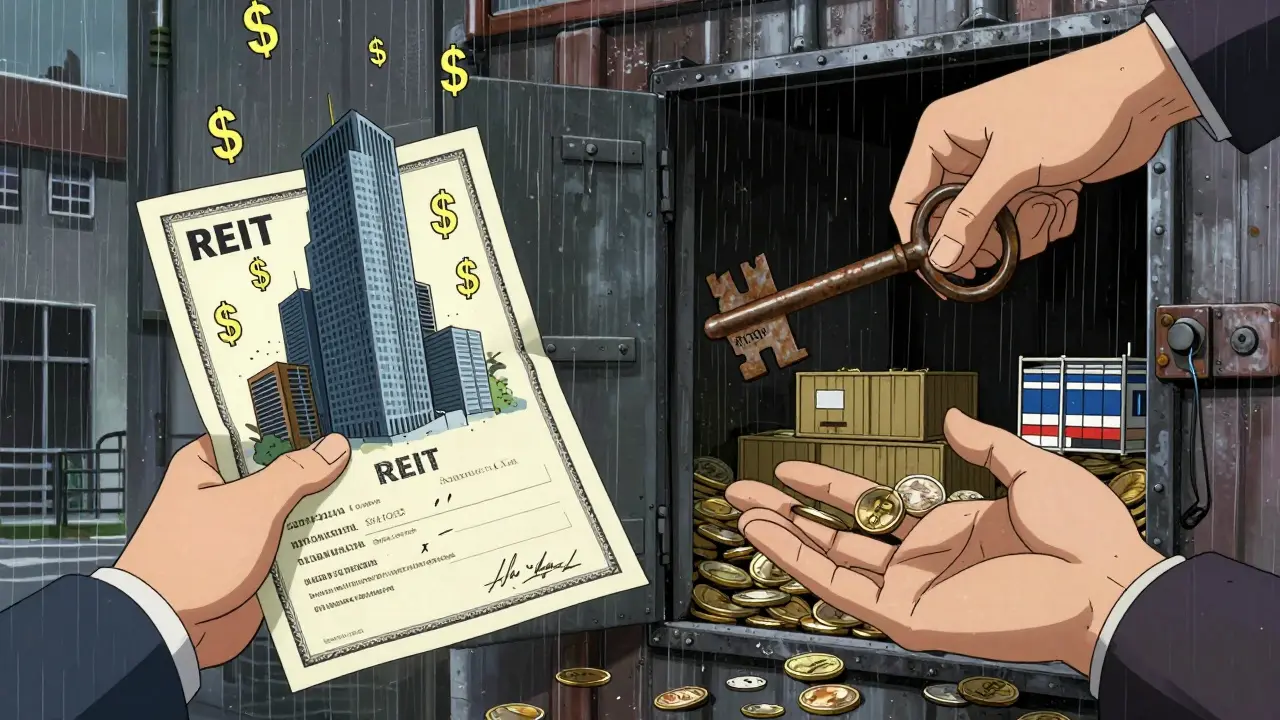 Две руки выбирают между акциями REIT и паями ЗПИФН, с символами долларов и рублей в фоне.