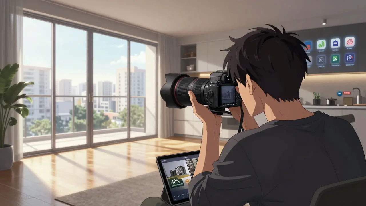 Фотограф снимает квартиру, на экране видны иконки сайтов недвижимости.