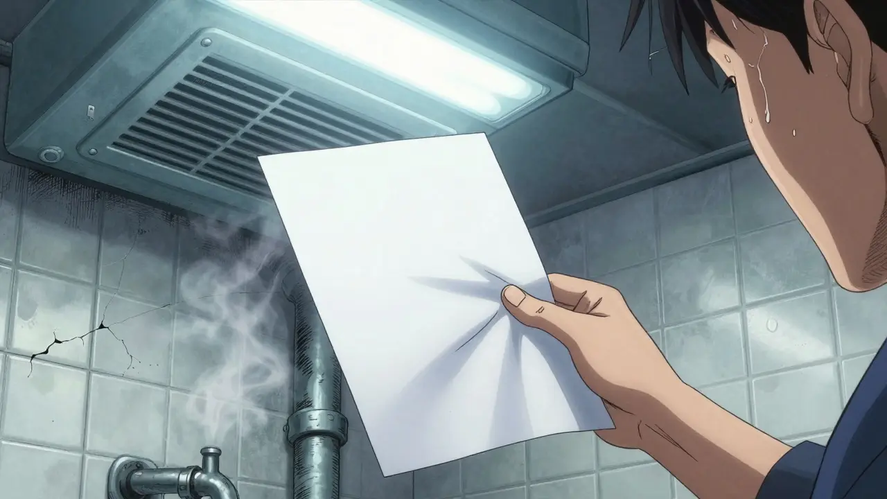 Лист бумаги еле держится на вентиляционной решетке, рядом — протекающая труба и треснутая плитка.