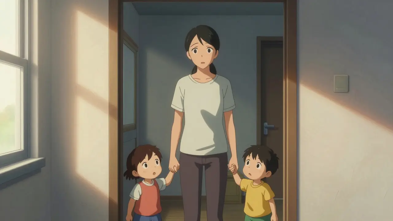 Мать с детьми стоит в дверях новой комнаты, полный надежды.