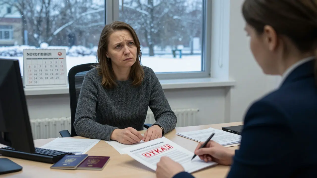 Мать в банке получает отказ на рефинансирование ипотеки, за окном начинается снег.