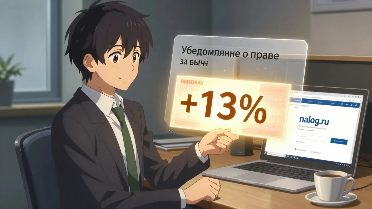 Молодой сотрудник получает повышенную зарплату с отметкой 13%, на экране — уведомление из личного кабинета ФНС.