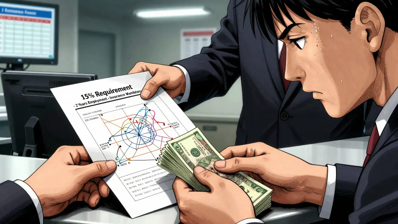 Мужчина кладёт деньги и сертификат маткапитала на стойку банка, рядом — схема условий ипотеки.