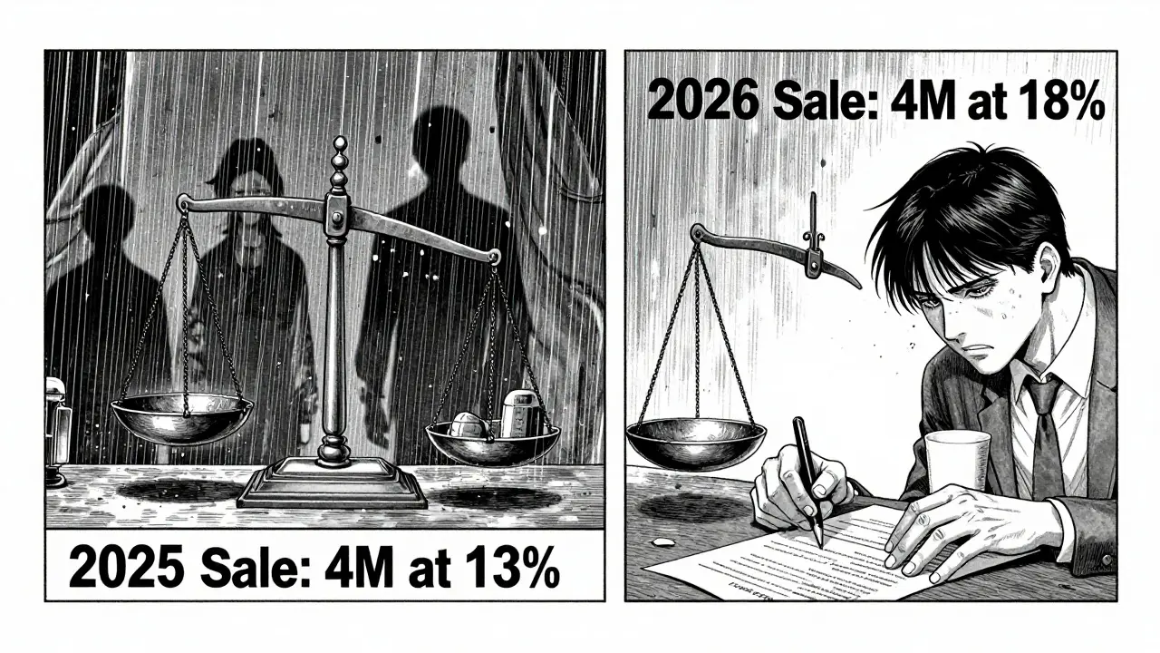 Мужчина разделяет продажу квартиры на два года с разными ставками налога, тени родственников, дождь за окном.