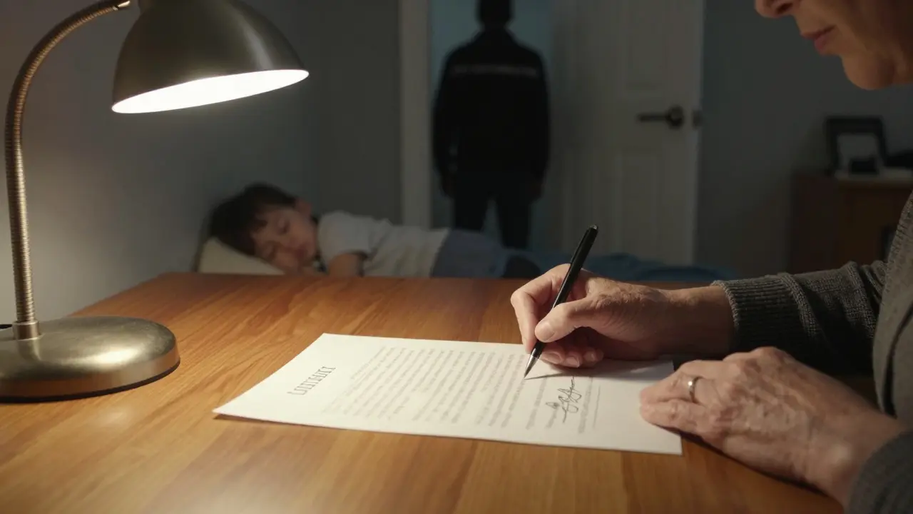 Нотариальный договор на столе, подписанная бабушкой и матерью, за спиной — спящий ребенок в отдельной комнате, в тени — наблюдатель из опеки.