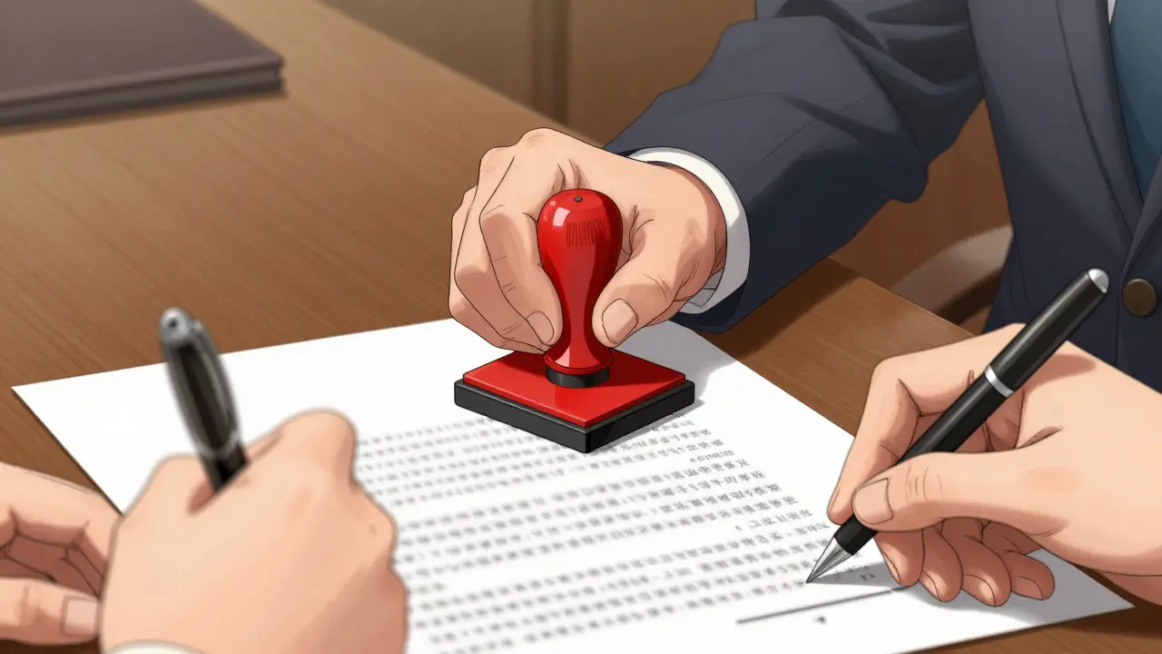 Нотариус ставит печать на договоре в официальной обстановке.