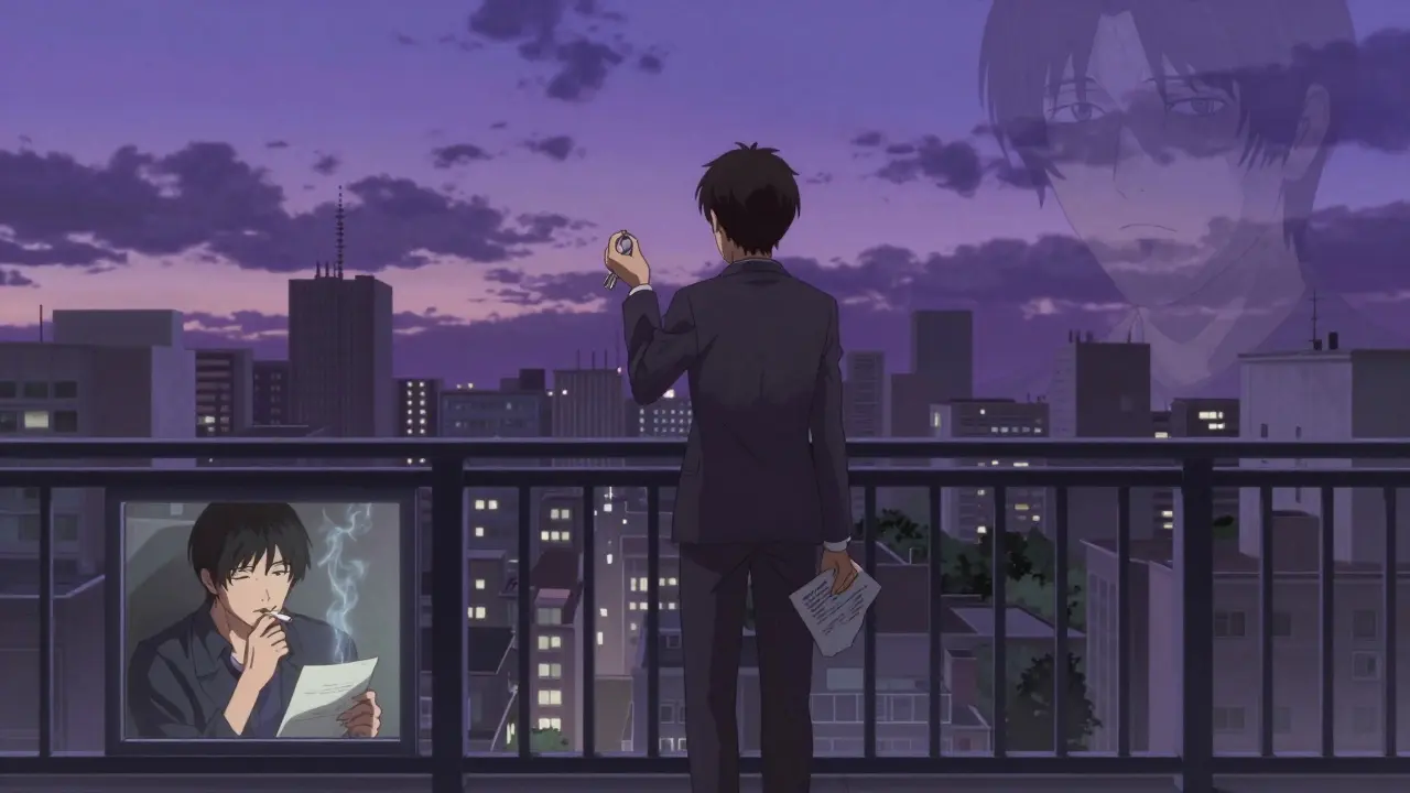 Новый владелец на балконе с ключами и судебным извещением, ниже — арендатор курит.