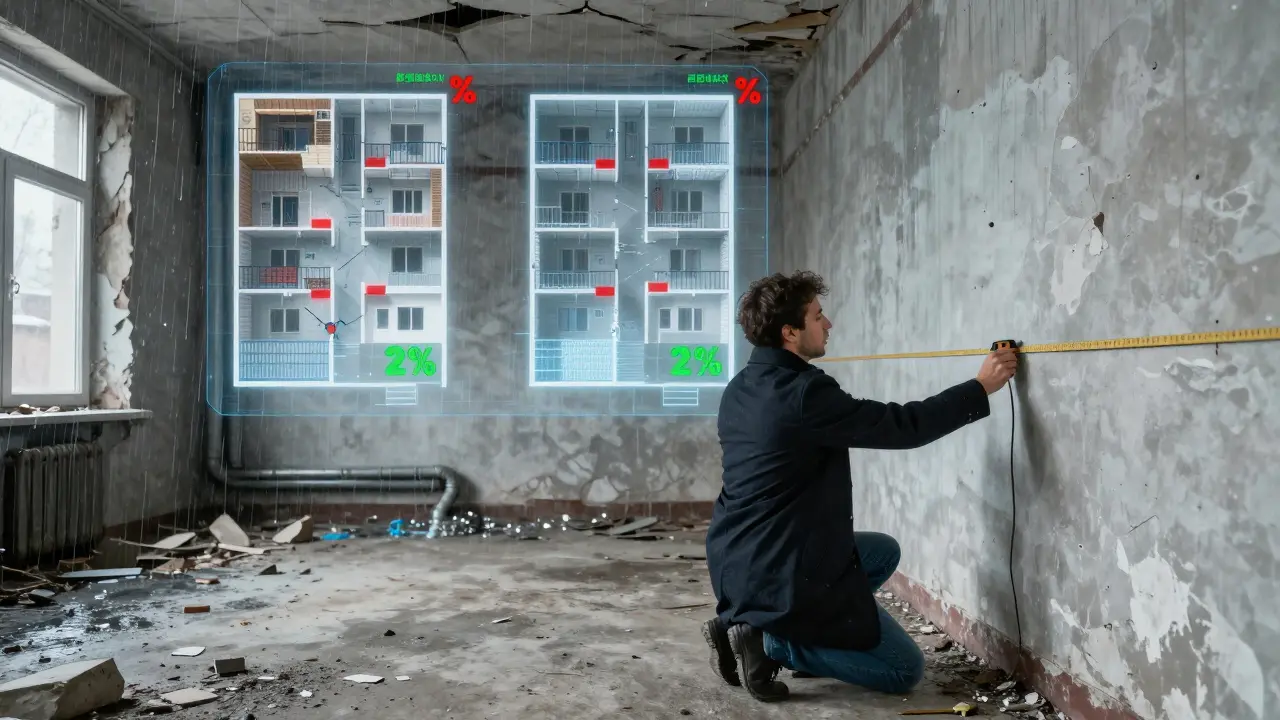 Оценщик измеряет квартиру в старом доме, а вокруг всплывают цифры, показывающие реальную стоимость.