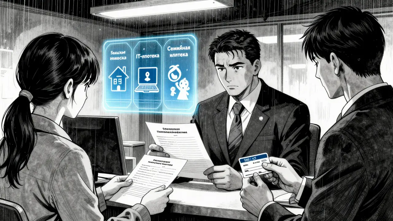 Пара подает документы на ипотеку, на фоне — проекции государственных программ с иконками ребенка, дома и ноутбука.