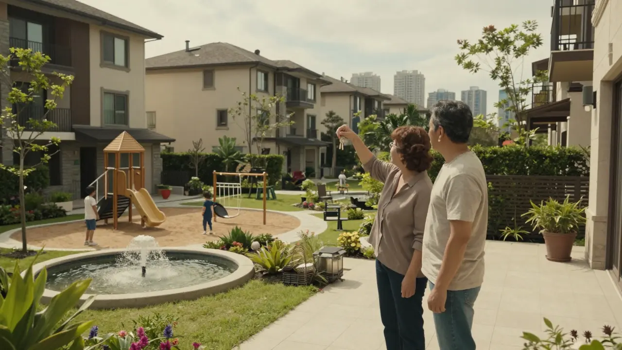 Пара стоит на террасе дома в пригородном жилом комплексе с садом и детской площадкой.