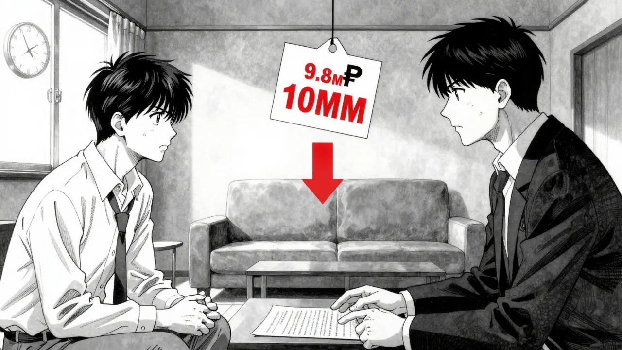 Продавец и покупатель переговариваются, в воздухе — ценник с красной стрелкой вниз.