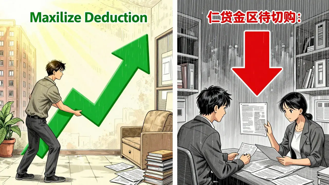 Разделенная сцена: слева — маткапитал как первоначальный взнос с ростом вычета, справа — погашение ипотеки с потерей денег под дождем.