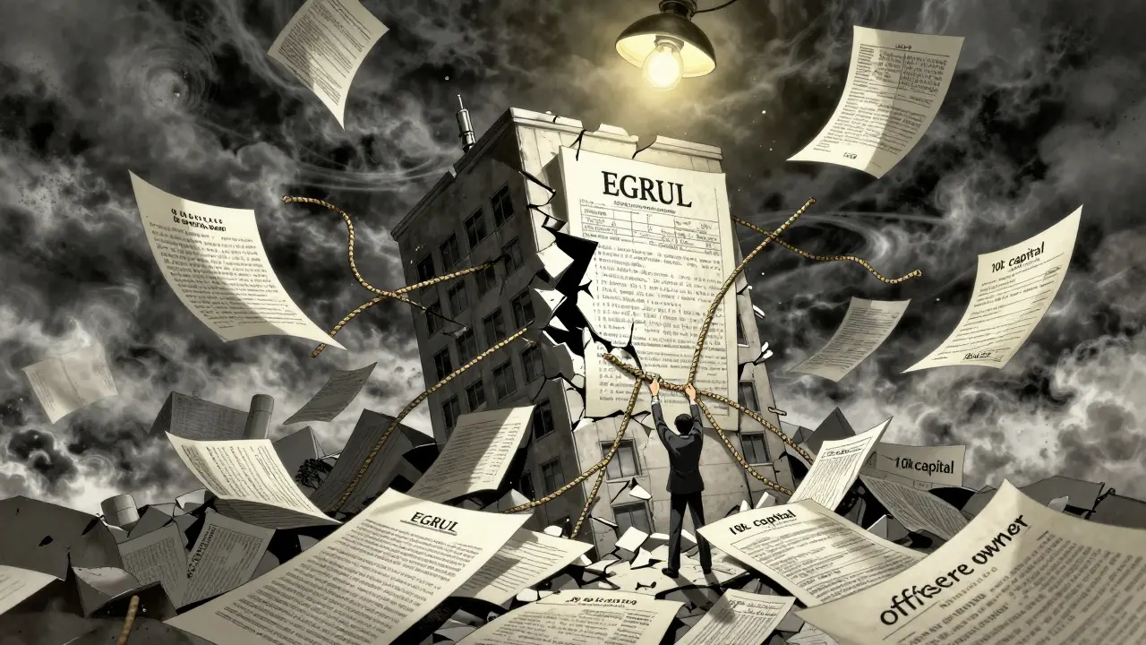 Разрушающееся здание, окружённое юридическими документами, с фигурами, пытающимися его удержать.