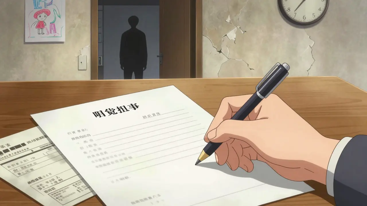 Рука подписывает договор аренды, рядом — квитанции и тень человека в дверях.