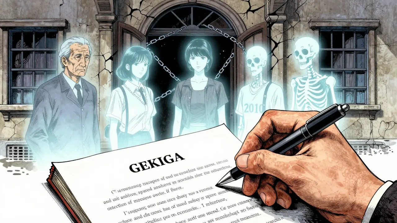 Рука подписывает договор, пока из домовой книги выступают призрачные жильцы.