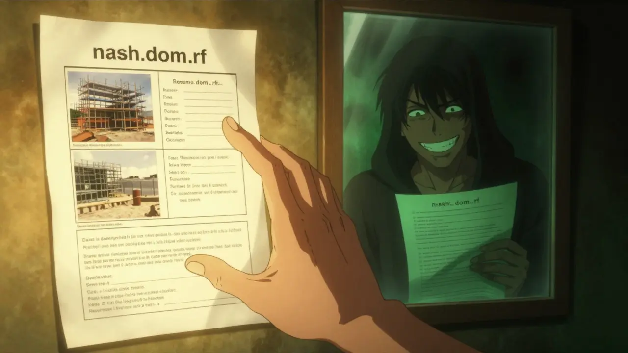 Рука тянется к светящемуся порталу с отчётами о строительстве, за спиной — отражение мошенника.