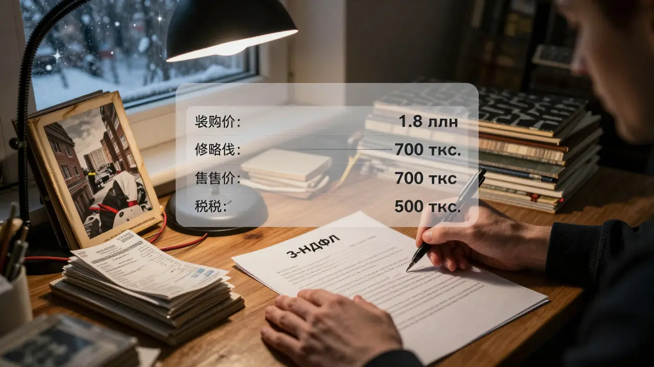 Руки подписывают договор, на столе чеки на ремонт, расчёт налога с расходами на фоне.