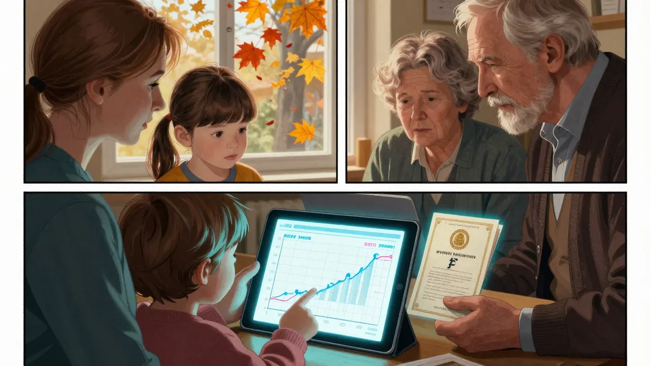 Семья смотрит на сравнение доходности REIT и ЗПИФН на экране, за окном — осенние листья.