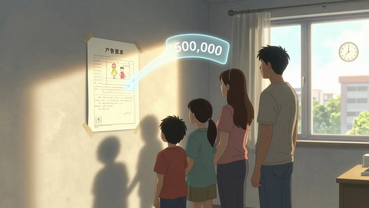 Семья в новой квартире с рисунком ребёнка и документом о собственности, надпись 600 000 руб. в виде прозрачной ленты.