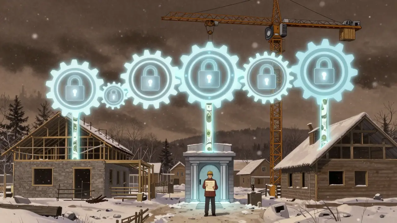 Система эскроу-счета в виде механических шестеренок, передающих средства на стройку, дом в деревне за спиной.