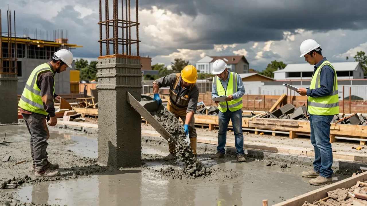 Строители и прораб работают над фундаментом дома
