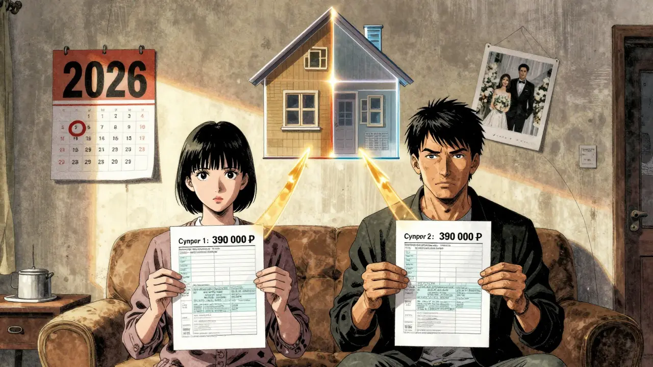 Супруги держат документы с обозначенными суммами вычета, над ними — прозрачный силуэт дома.