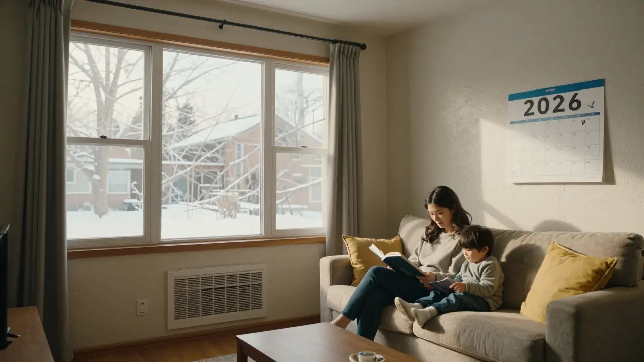 Уютная гостиная в квартире низкого дома с окнами, солнечным светом и ребенком на диване.