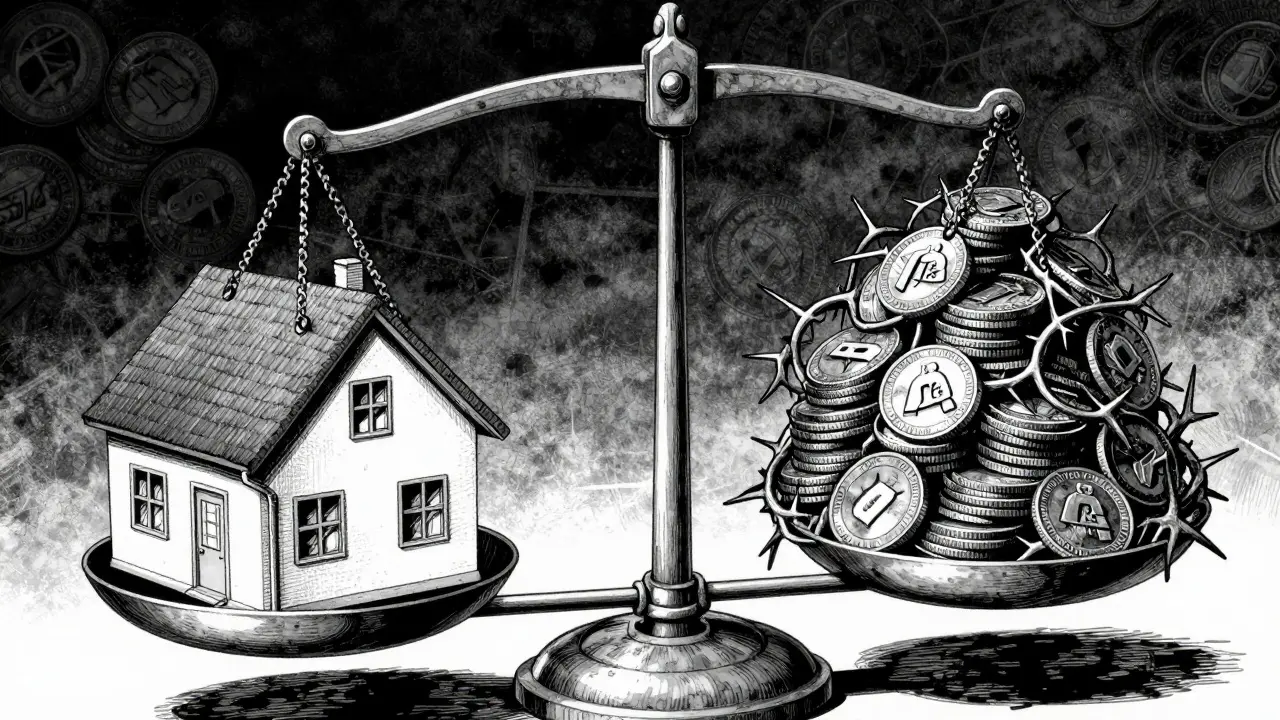 Весы с домом и стопками денег, символизирующие скрытые расходы.