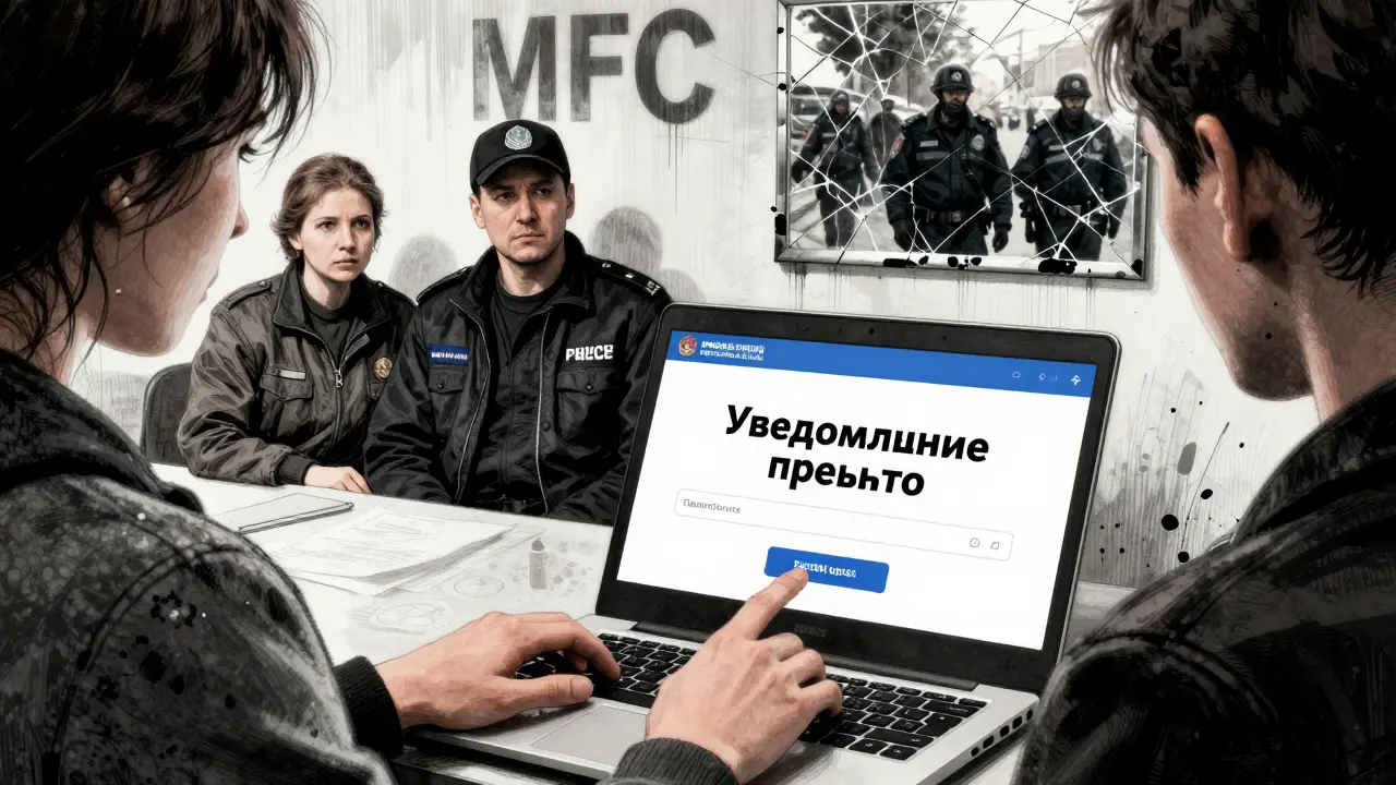 Женщина подает уведомление через Госуслуги в МФЦ, за спиной — иностранные жильцы.