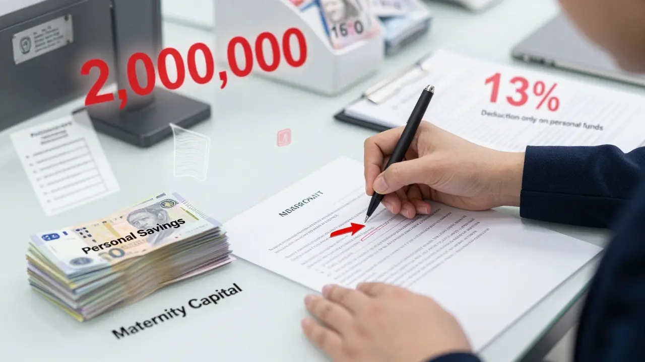 Женщина подписывает документ в налоговой, рядом — два стека денег: личные и маткапитал, стрелка указывает на закон о вычете.