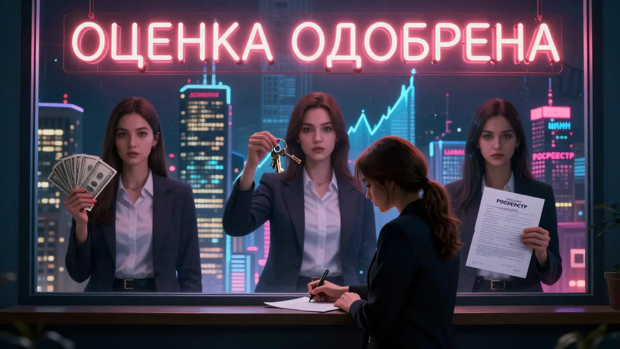 Женщина подписывает ипотеку, её отражение показывает три возможных исхода сделки.