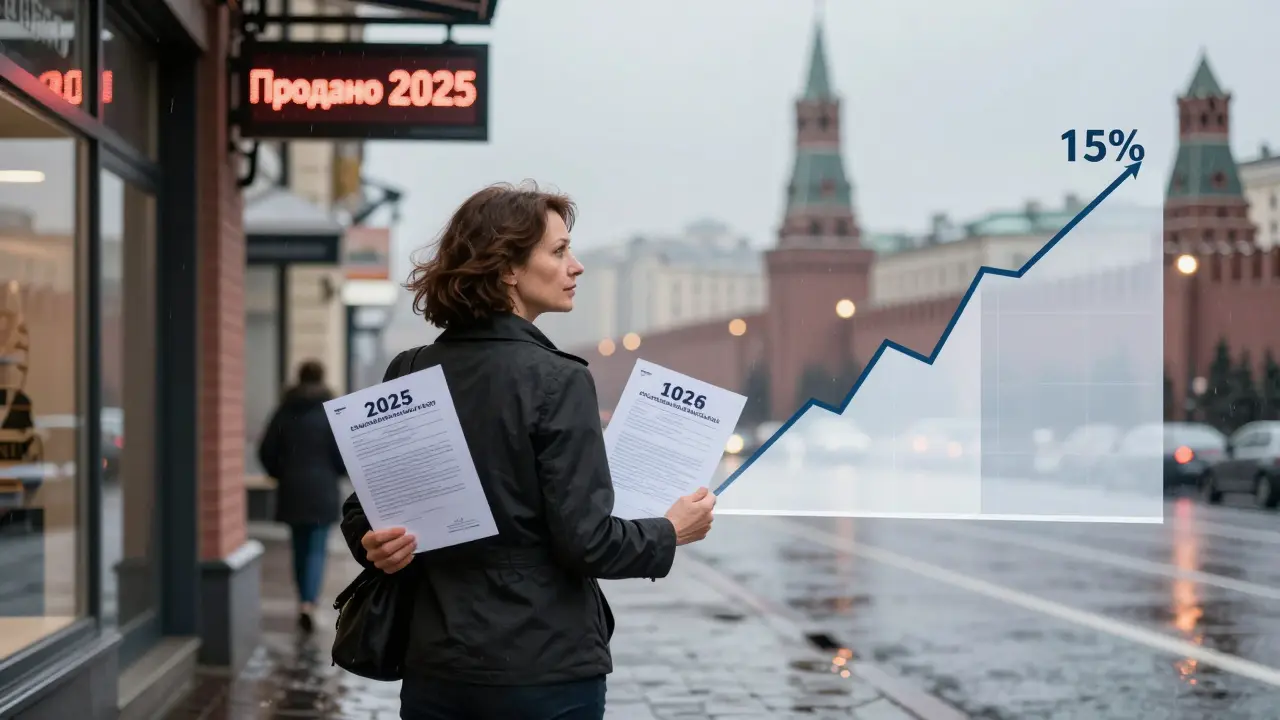 Женщина с двумя договорами продажи, даты в разные годы, налоговые ставки визуализированы как графики.