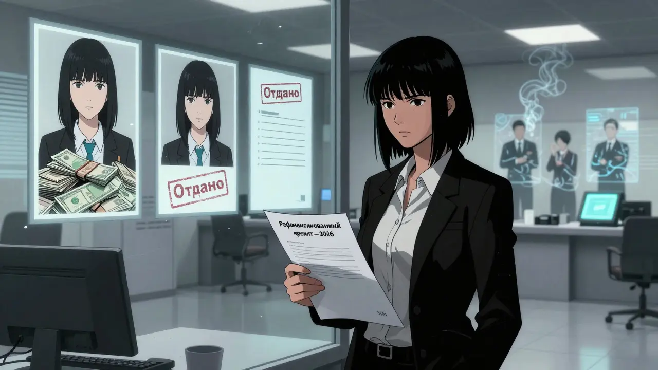 Женщина в налоговой службе смотрит на отражение трёх будущих сценариев в стекле.