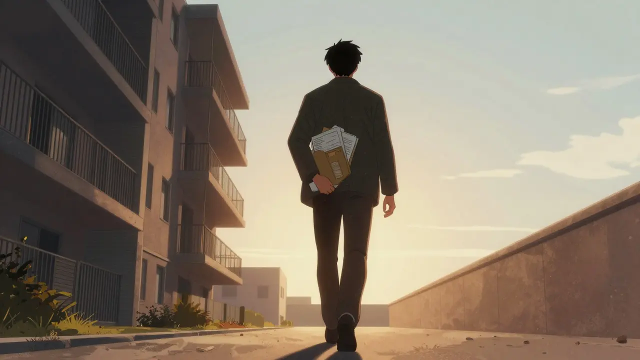 Человек с документами уходит от дома на фоне рассвета в стиле гекига.