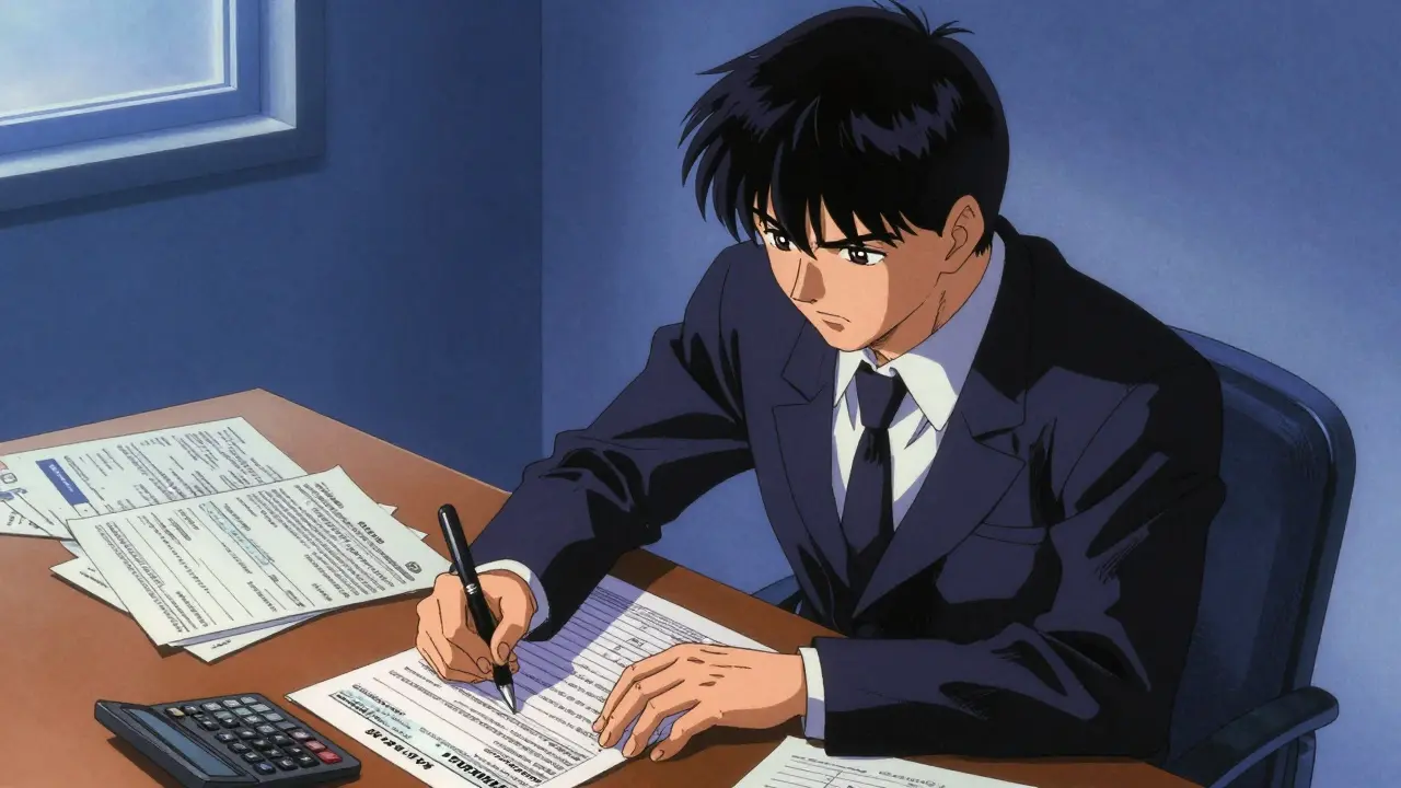 Человек сосредоточенно заполняет налоговую декларацию при свете лампы в стиле гэкига
