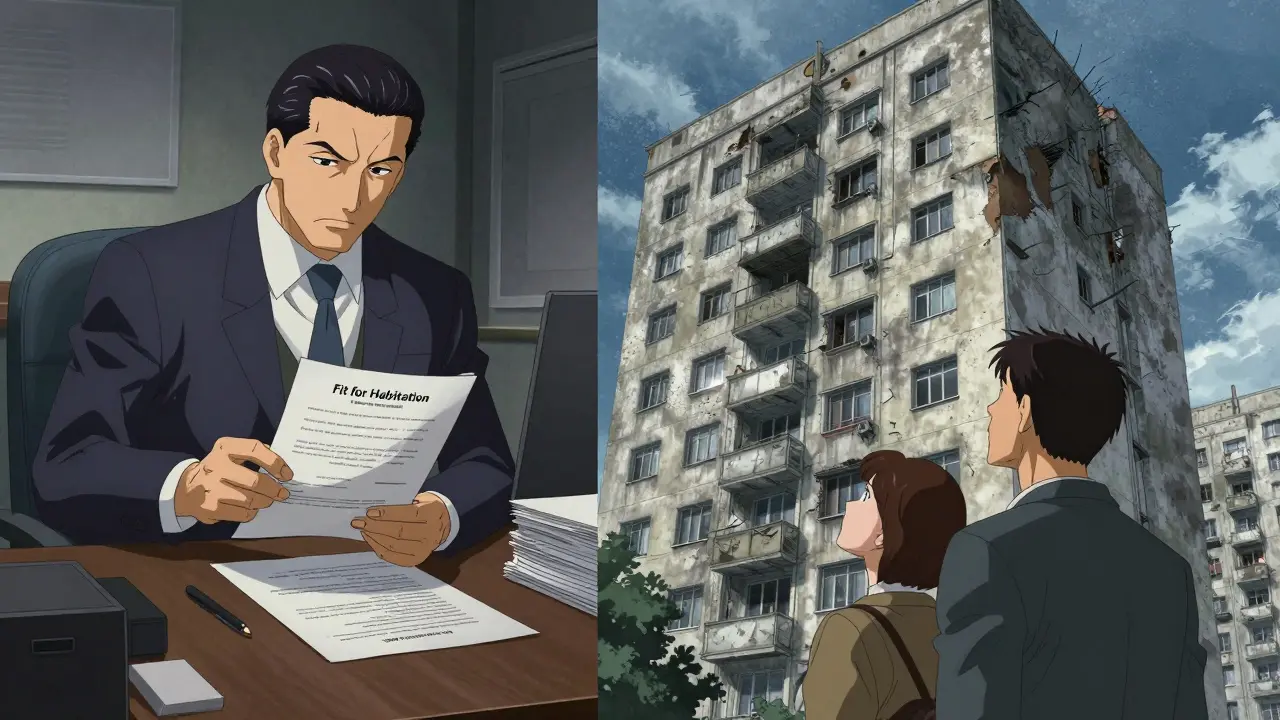 Чиновник ставит печать на документе и вид старого жилого дома в стиле гекига