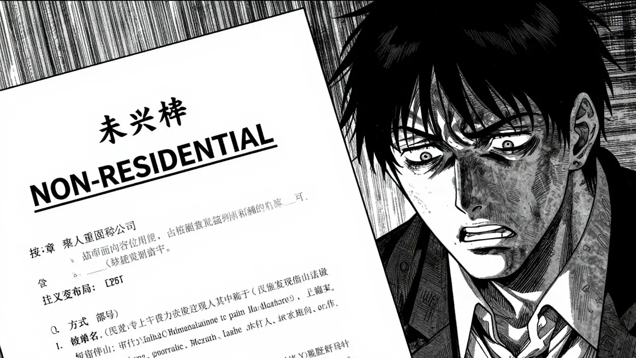 Драматичный кадр с документом о нежилом статусе помещения и расстроенным мужчиной