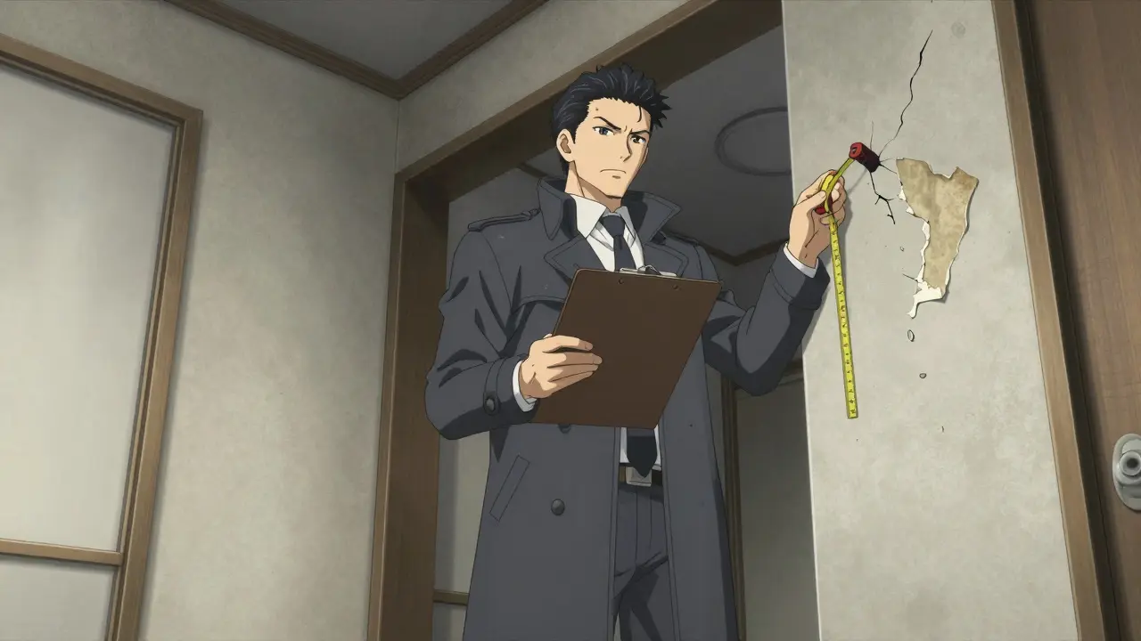 Эксперт-оценщик с планшетом осматривает состояние отделки в квартире