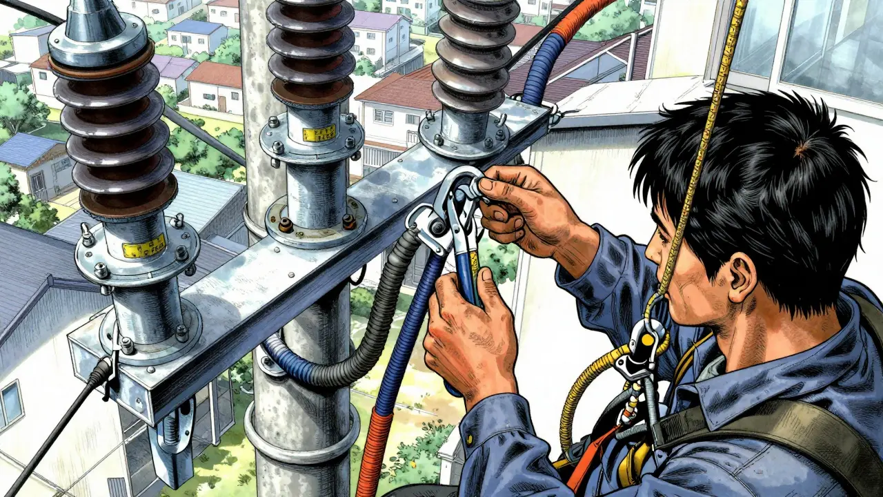 Электрик монтирует провода от опоры к дому