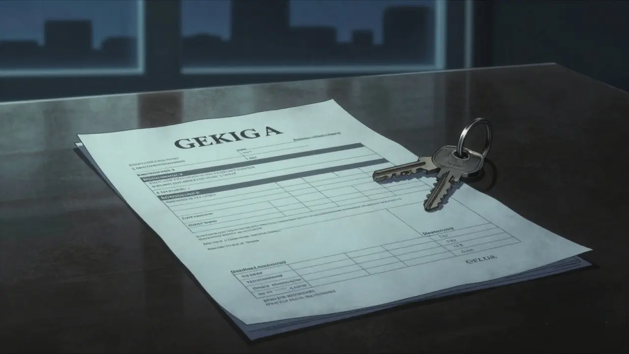 Готовый отчет об оценке недвижимости и ключи на столе в стиле гекига