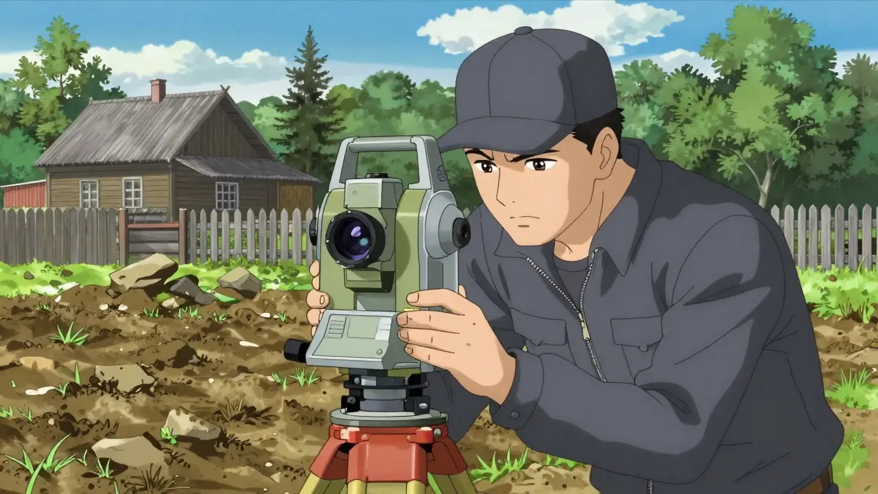 Кадастровый инженер измеряет участок с дачей в стиле гэкига