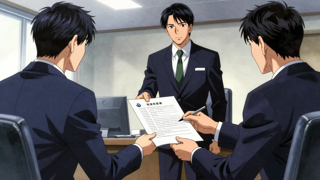 Клиент передает отчет об оценке сотруднику банка в офисном интерьере в стиле гекига