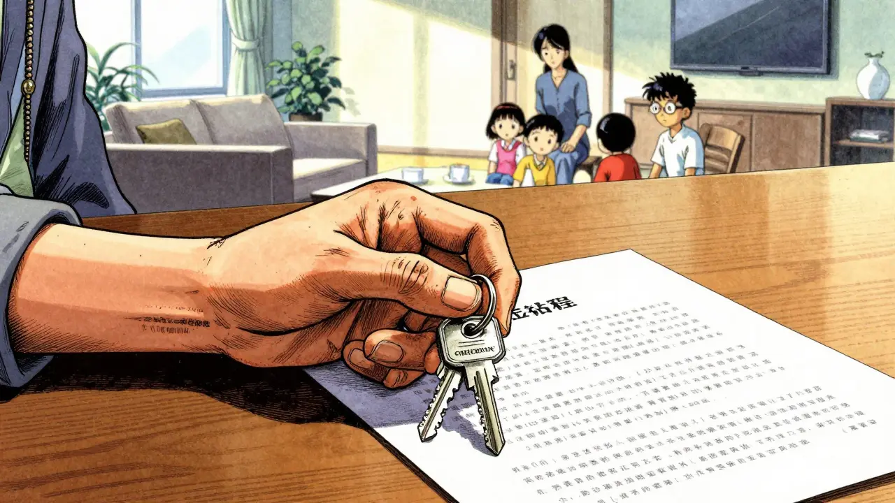 Ключи от нового жилья и документы на столе в стиле гэкига